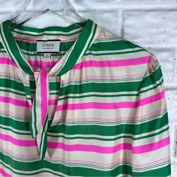 J.CREW Collection Green/Pink/Ivory Striped Silk Blouse with tie at neck Medium - Picture 2 of 11